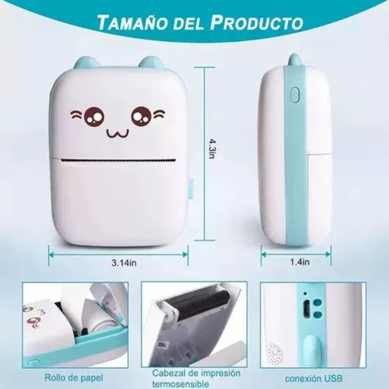GENERICO - Mini Impresora Térmica Gatita Bluetooth 200dpi