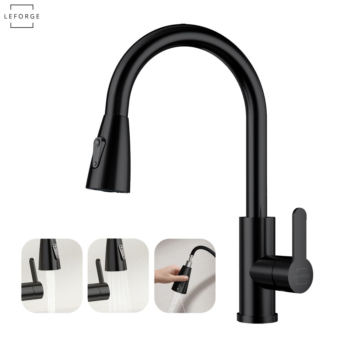 LEFORGE - Llave Monomando Lavaplatos Extensible Griferia Cocina Negro
