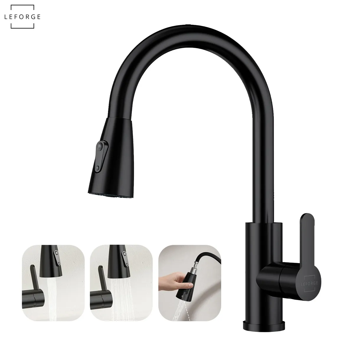 LEFORGE - Llave Monomando Lavaplatos Extensible Griferia Cocina Negro