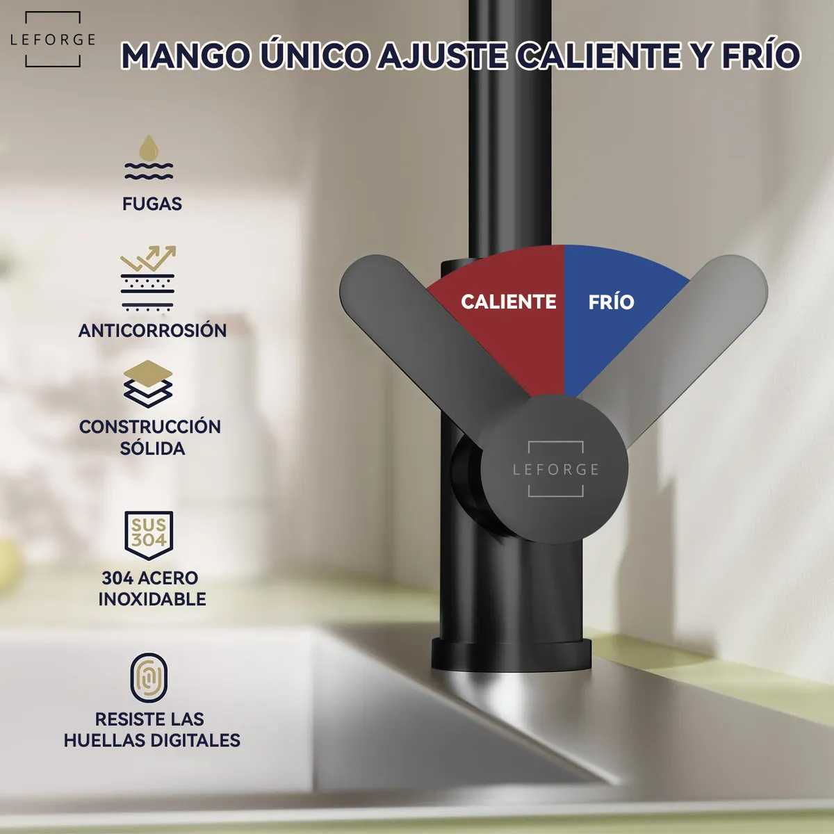 LEFORGE - Llave Monomando Lavaplatos Extensible Griferia Cocina Negro