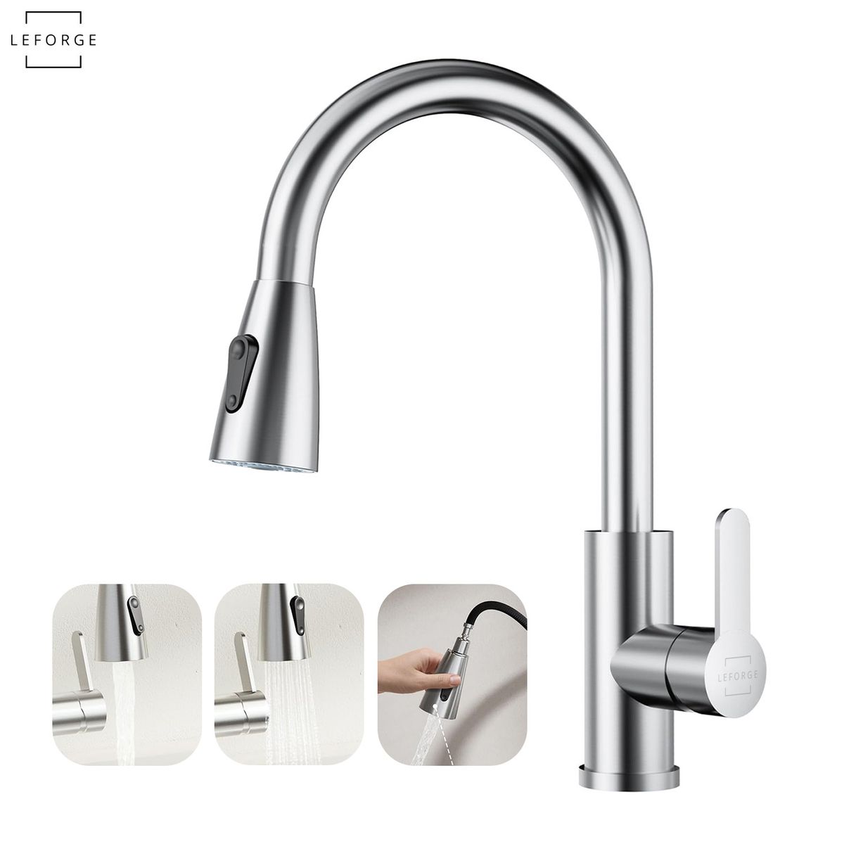 LEFORGE - Llave Monomando Lavaplatos Extensible Griferia Cocina Plateado