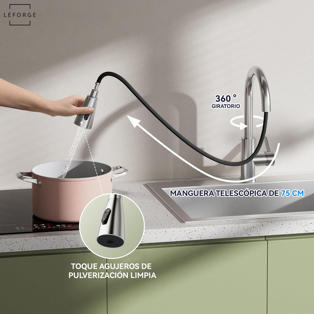 LEFORGE - Llave Monomando Lavaplatos Extensible Griferia Cocina Plateado