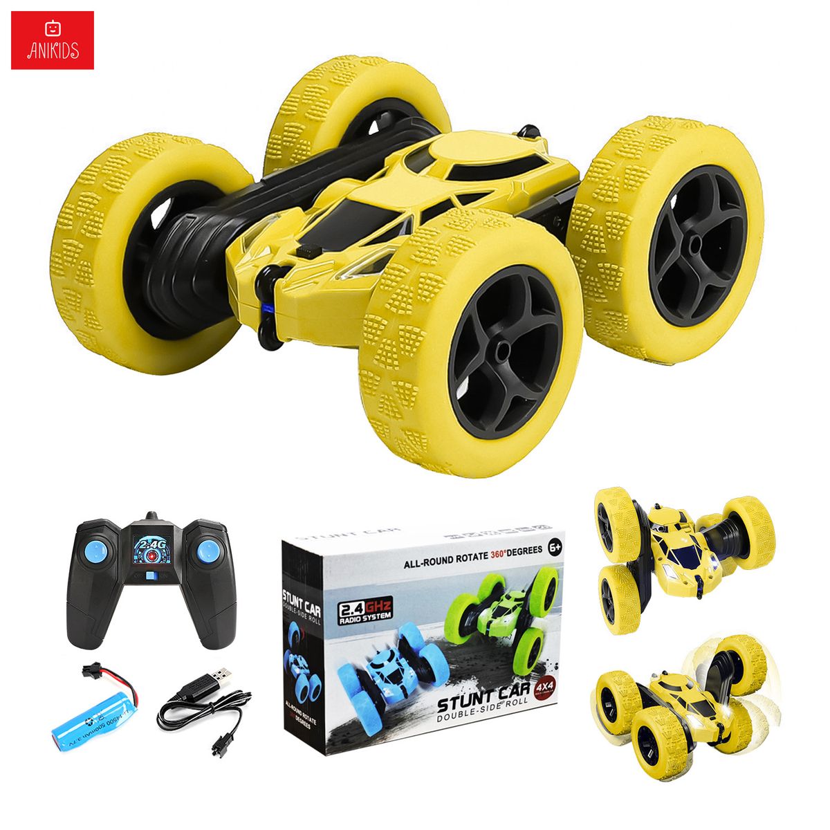 ANIKIDS - Auto Truco Control Remoto Doble Lado Juguete Niños Amarillo
