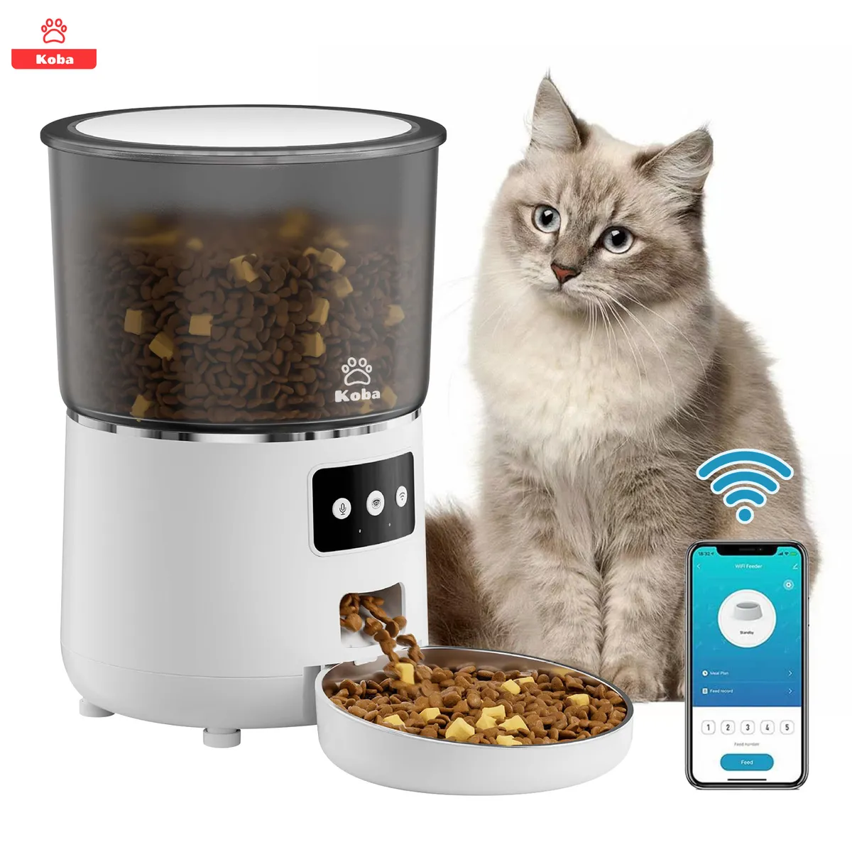 KOBA - Dispensador Alimentador Automático Perro Gato Wifi 4L Blanco