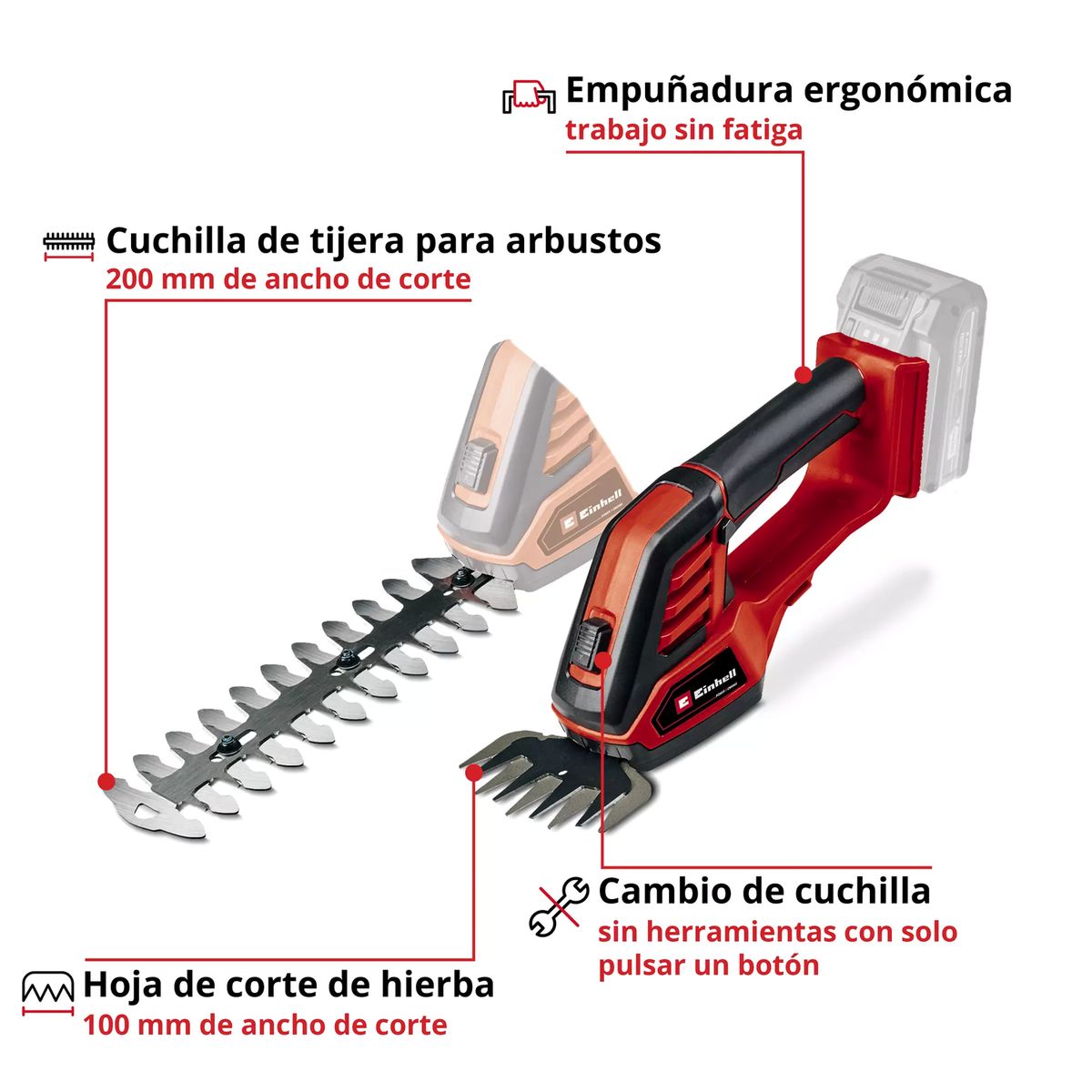 EINHELL - Tijera Cortasetos inalámbrica GE-CG 18/100 Li-Solo Einhell