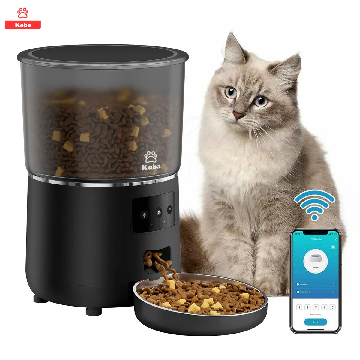 KOBA - Dispensador Alimentador Automático Perros Gato Wifi 4L Negro