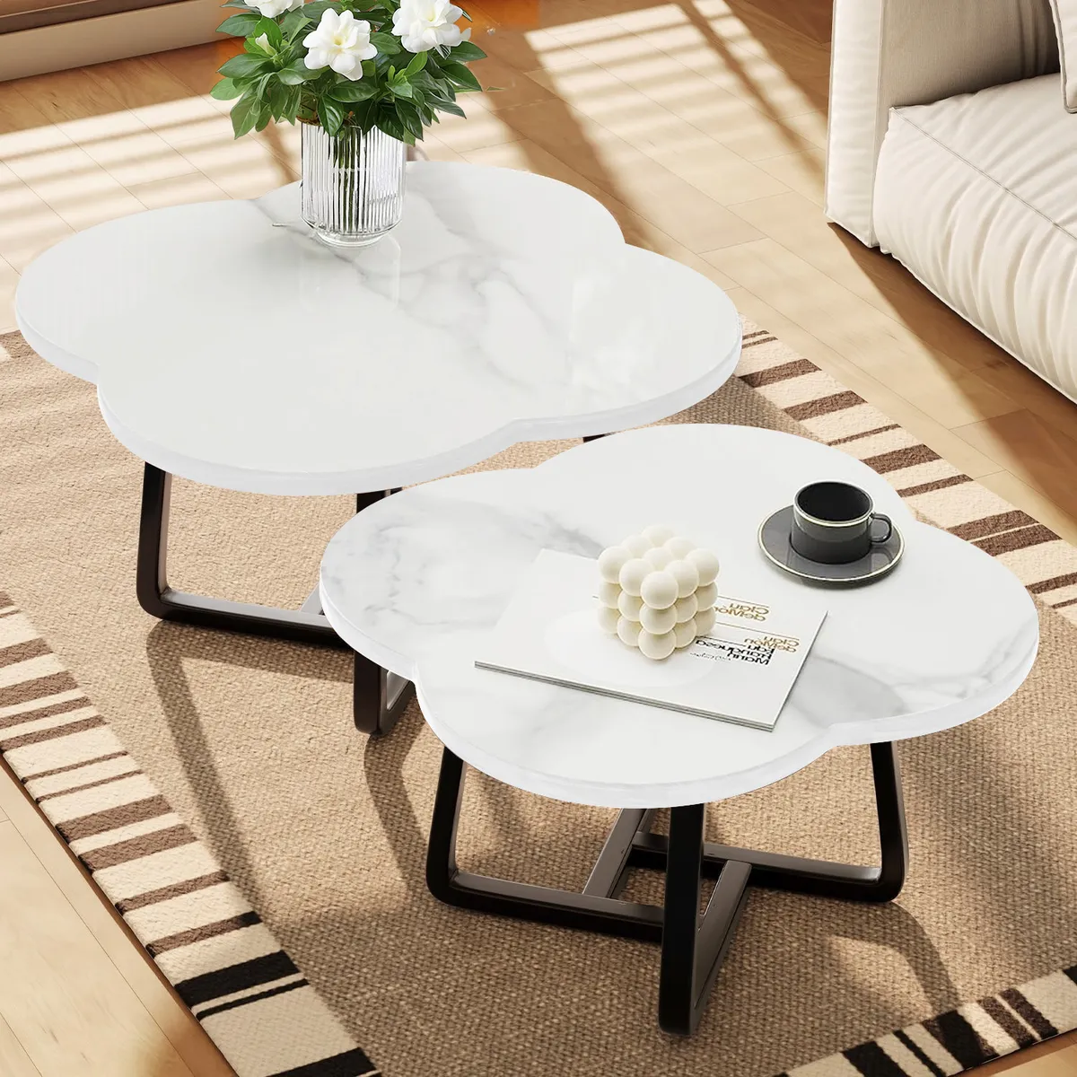 ELEMENT DESIGN - Set de Mesas de Centro Nubes Madera Color Blanco mármol 60+80 cm