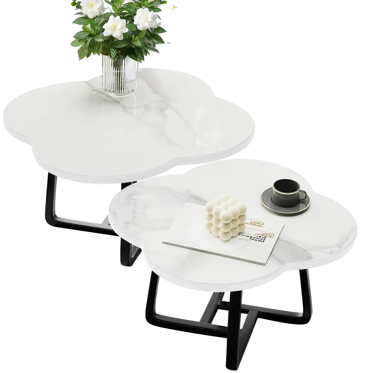 ELEMENT DESIGN - Set de Mesas de Centro Nubes Madera Color Blanco mármol 60+80 cm