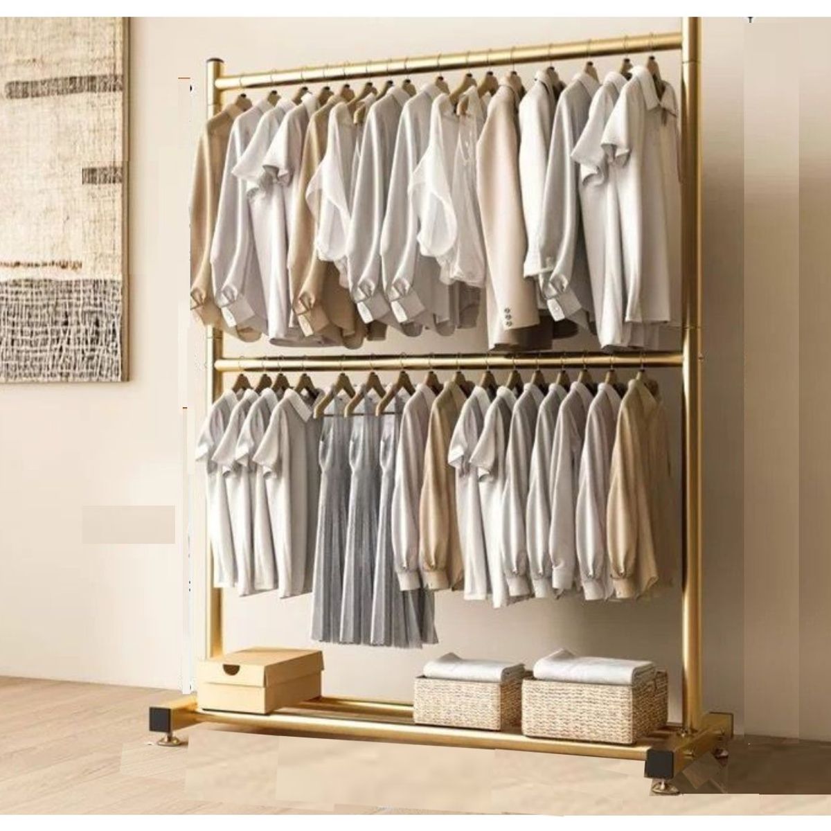 GENERICO - PERCHERO DOS PISO ORGANIZADOR DE ROPA DORADO SOPORTA 60 KG