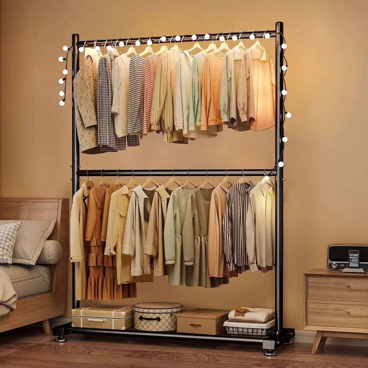 GENERICO - PERCHERO DOS PISO ORGANIZADOR DE ROPA NEGRO SOPORTA 60 KG