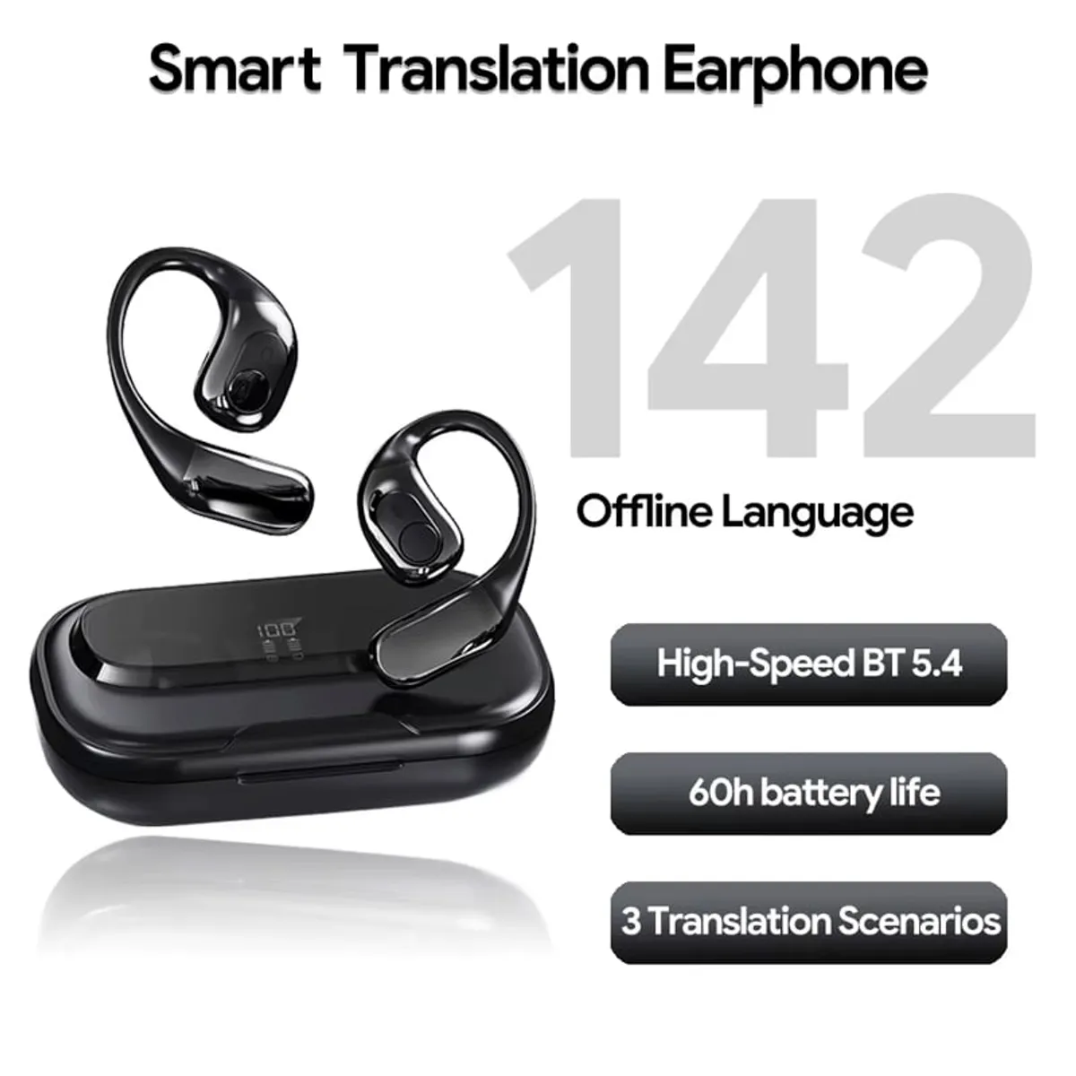 SUNNYLIFE - Traductor de auriculares en tiempo real T23 142 idiomas en línea Negro