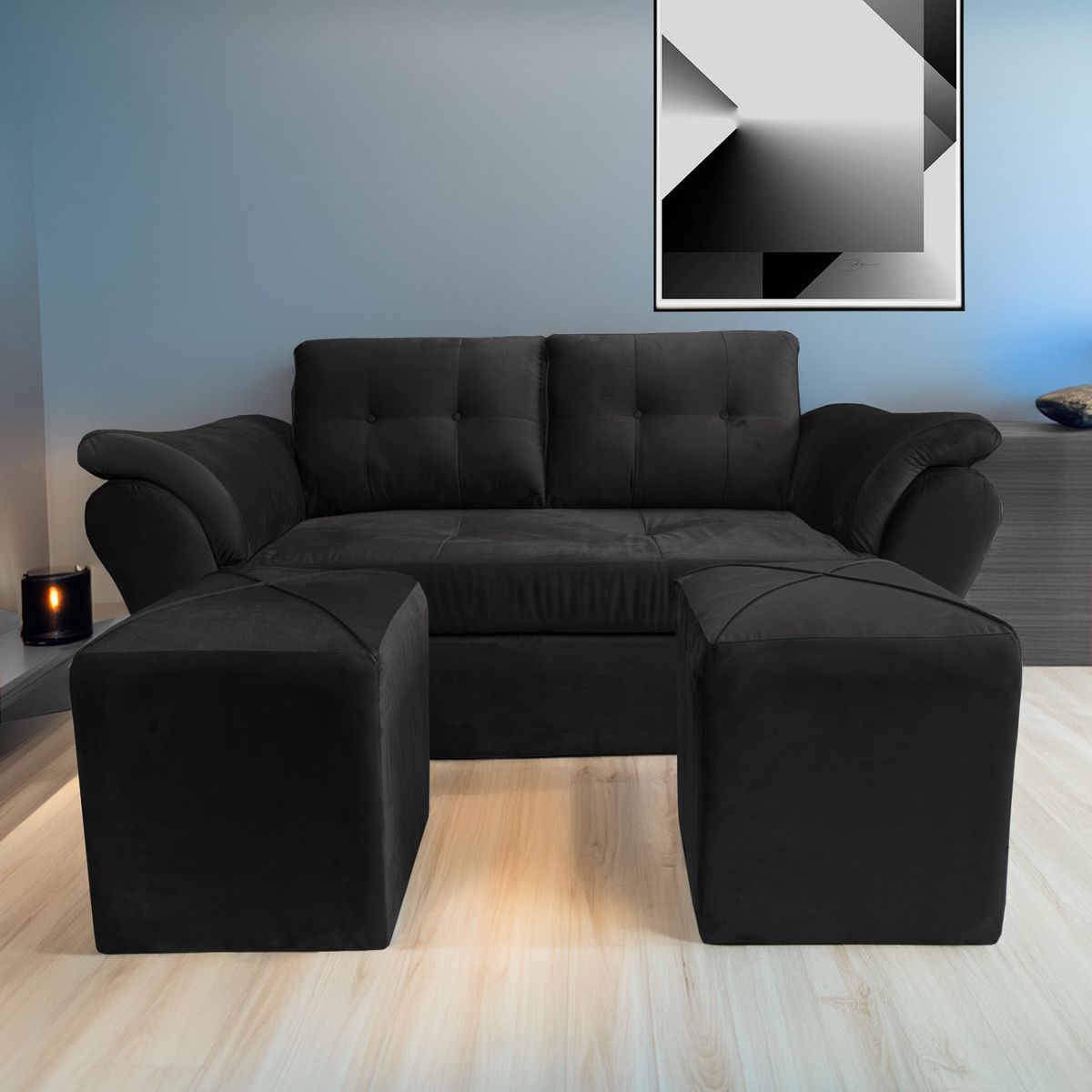FOCUS - Sofá Venecia + 2 Puff Felpa Negro