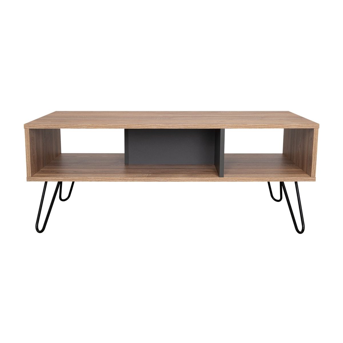 FMFURNITURE - Mesa De Centro 4 Patas Metalicas Café Claro y Plomo 40x101.1x45 cm