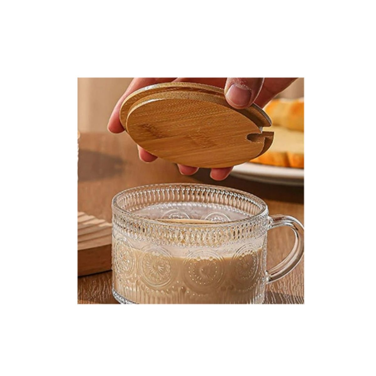 GENERICO - SET 2 TAZAS PARA CAFE Y TE de Cristal con Tapa de Bambú Diseño Girasol