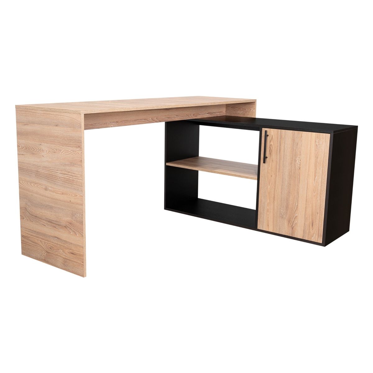 FMFURNITURE - Escritorio En L con 1 Puerta Café Claro y Negro 76.5x151.5x116.5 cm