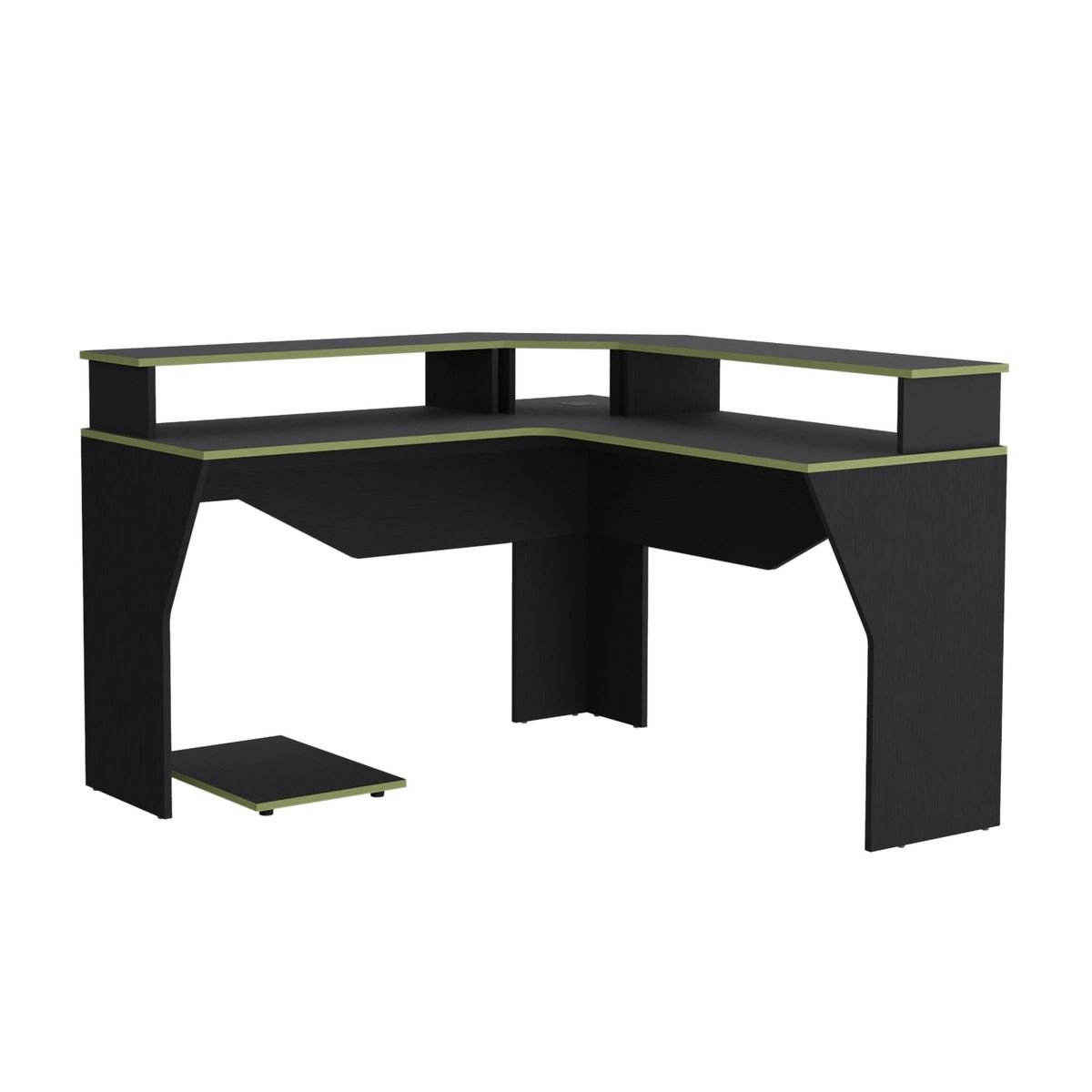 FMFURNITURE - Escritorio Gamer En L - Negro y Canto Verde 88.5x127.95x127.9 cm