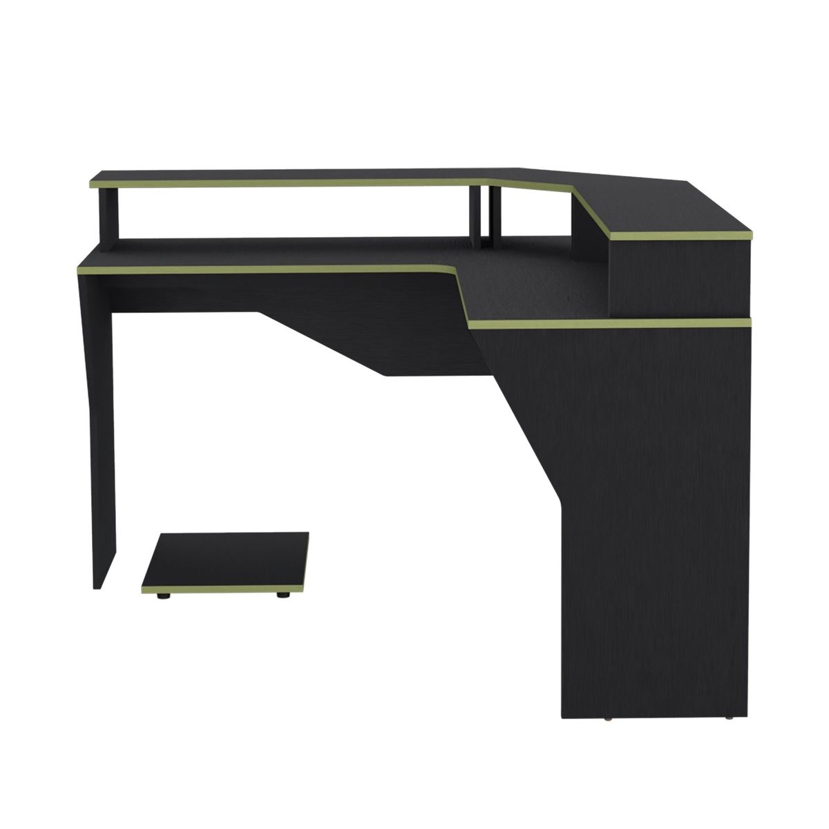 FMFURNITURE - Escritorio Gamer En L - Negro y Canto Verde 88.5x127.95x127.9 cm