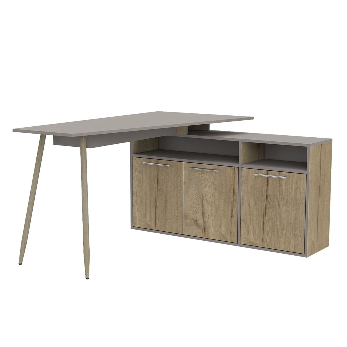 FMFURNITURE - Escritorio En L 3 Puertas y Estantes Café Claro y Plomo 72.5x130x120 cm…