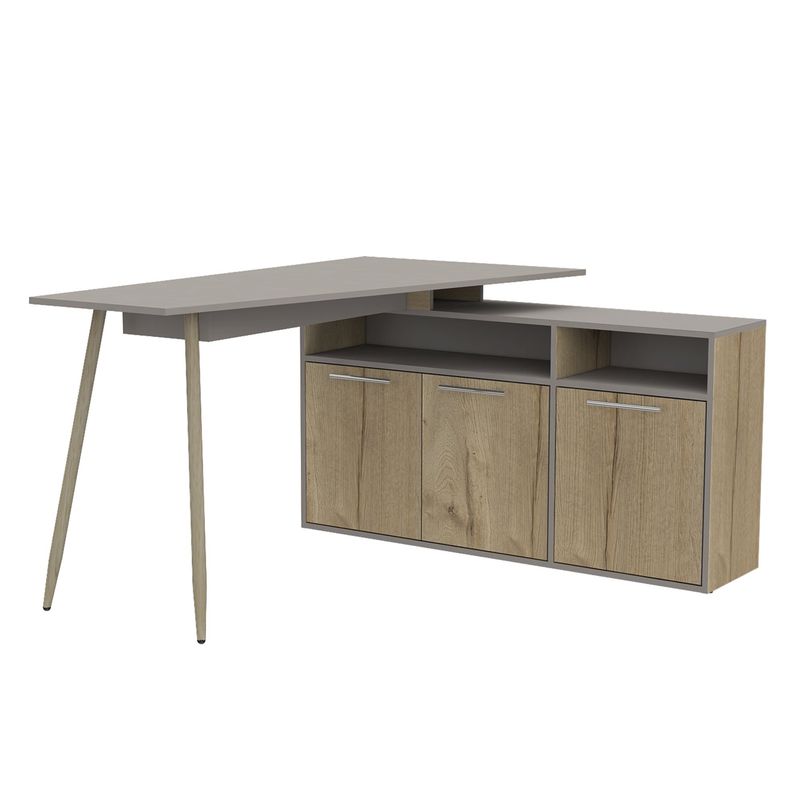 FMFURNITURE - Escritorio En L 3 Puertas y Estantes Café Claro y Plomo 72.5x130x120 cm