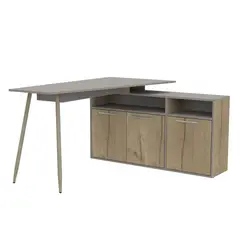 FMFURNITURE - Escritorio En L 3 Puertas y Estantes Café Claro y Plomo 72.5x130x120 cm.