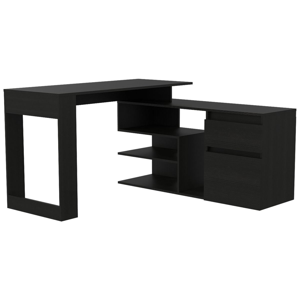 FMFURNITURE - Escritorio En L con 2 Cajones y Estantes Negro 73.5x121.5x137.5 cm