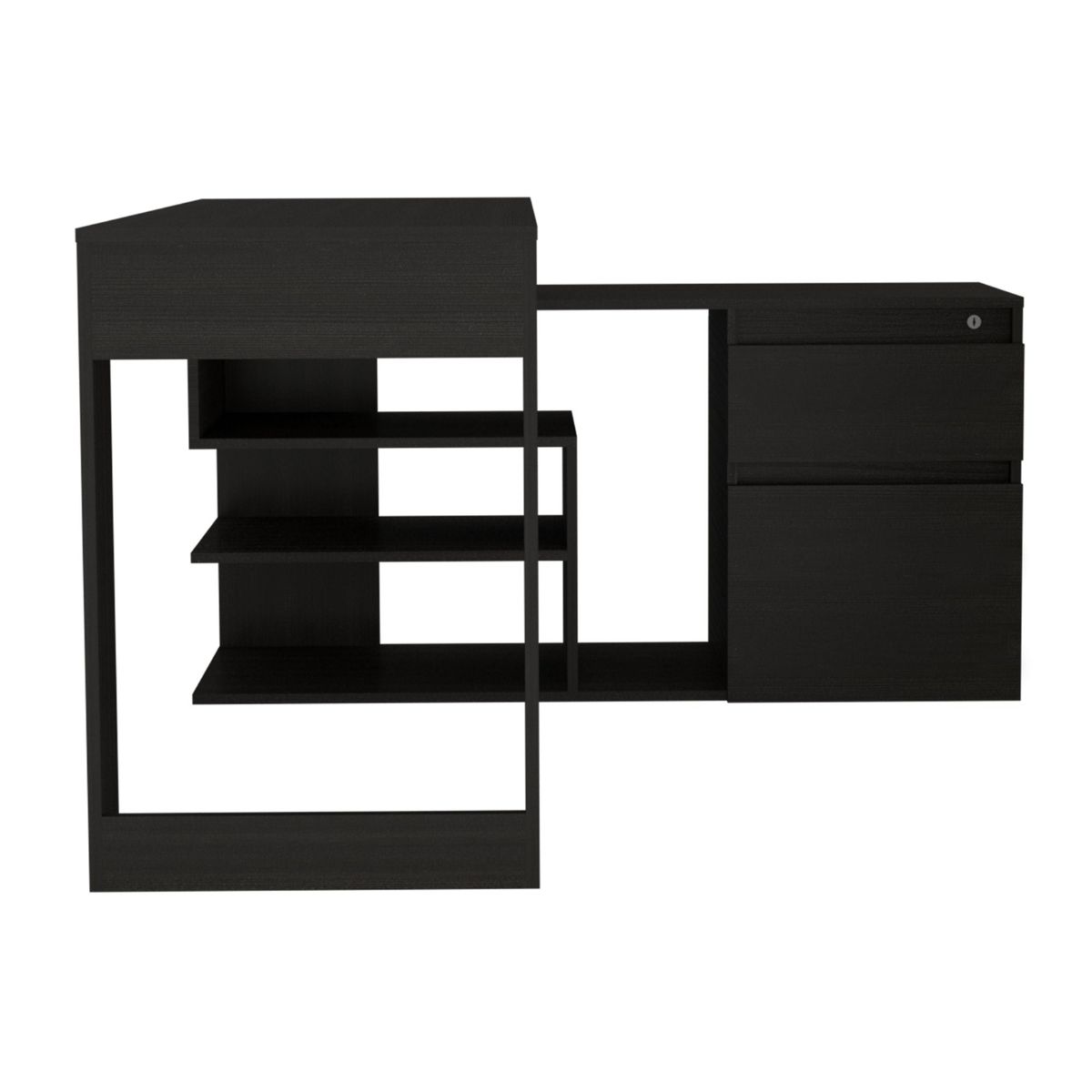 FMFURNITURE - Escritorio En L con 2 Cajones y Estantes Negro 73.5x121.5x137.5 cm