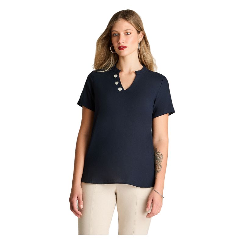 LORENZO DI PONTTI - Blusa De Lino Escote Mao Con Botones Manga 3/4 Azul