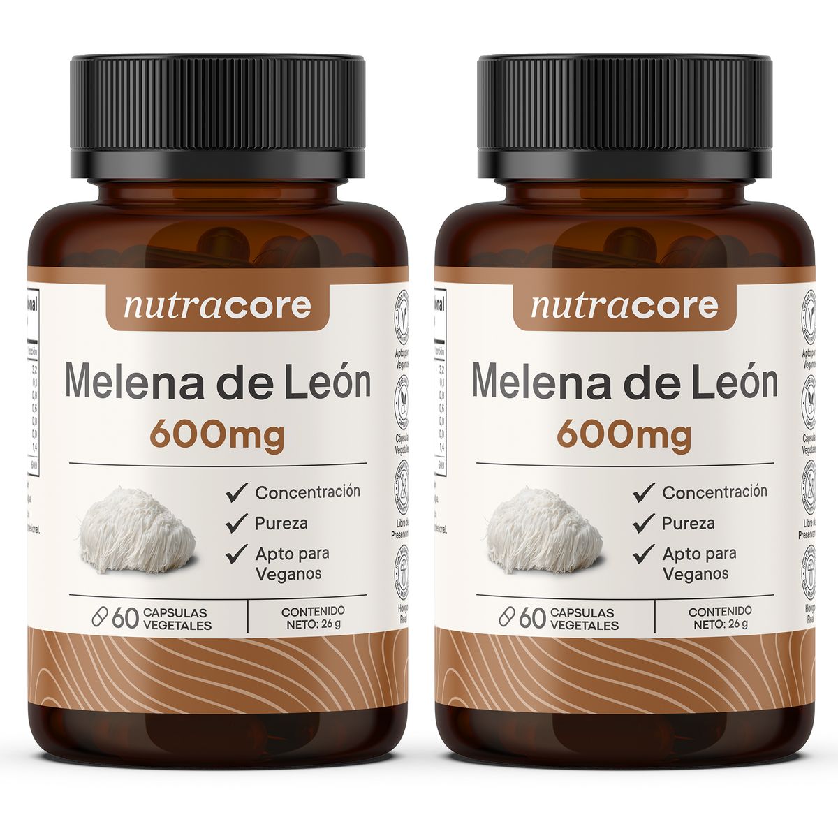 NUTRACORE - Melena De León Natural 600mg - Pack 2x60 Cápsulas Vegetales - Nutracore