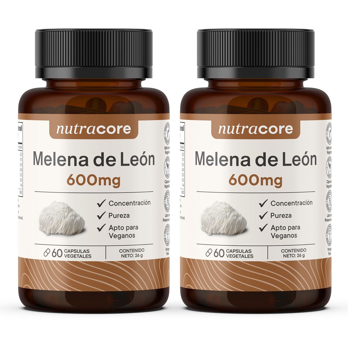 NUTRACORE - Melena De León Natural 600mg - Pack 2x60 Cápsulas Vegetales - Nutracore