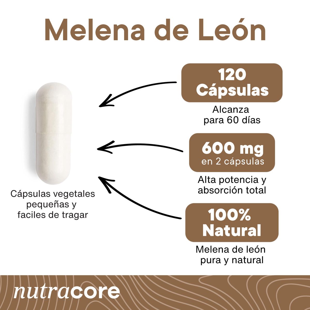NUTRACORE - Melena De León Natural 600mg - Pack 2x60 Cápsulas Vegetales - Nutracore
