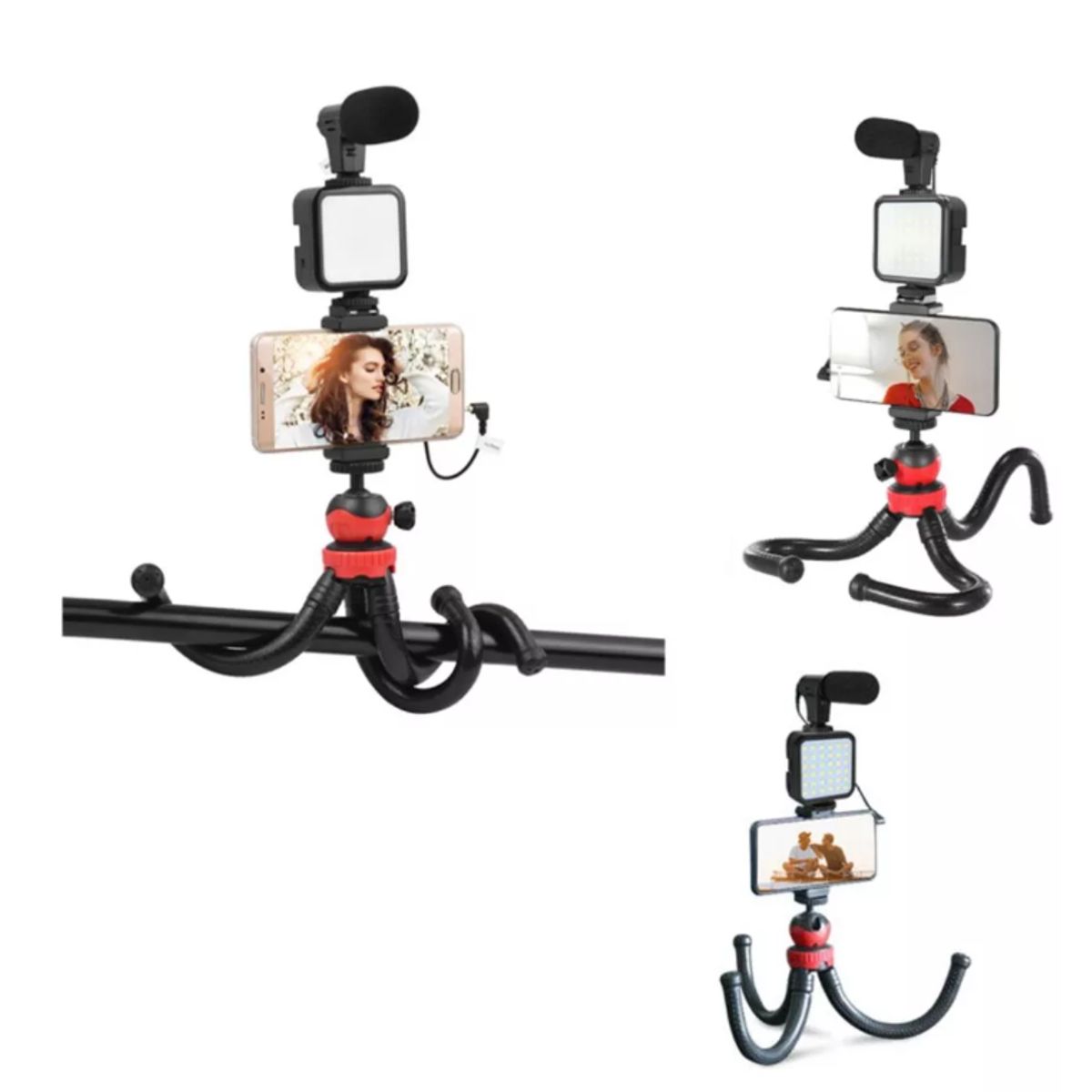 GENERICO - Kit Streaming Smartphone Trípode Flexible Luz Micrófono