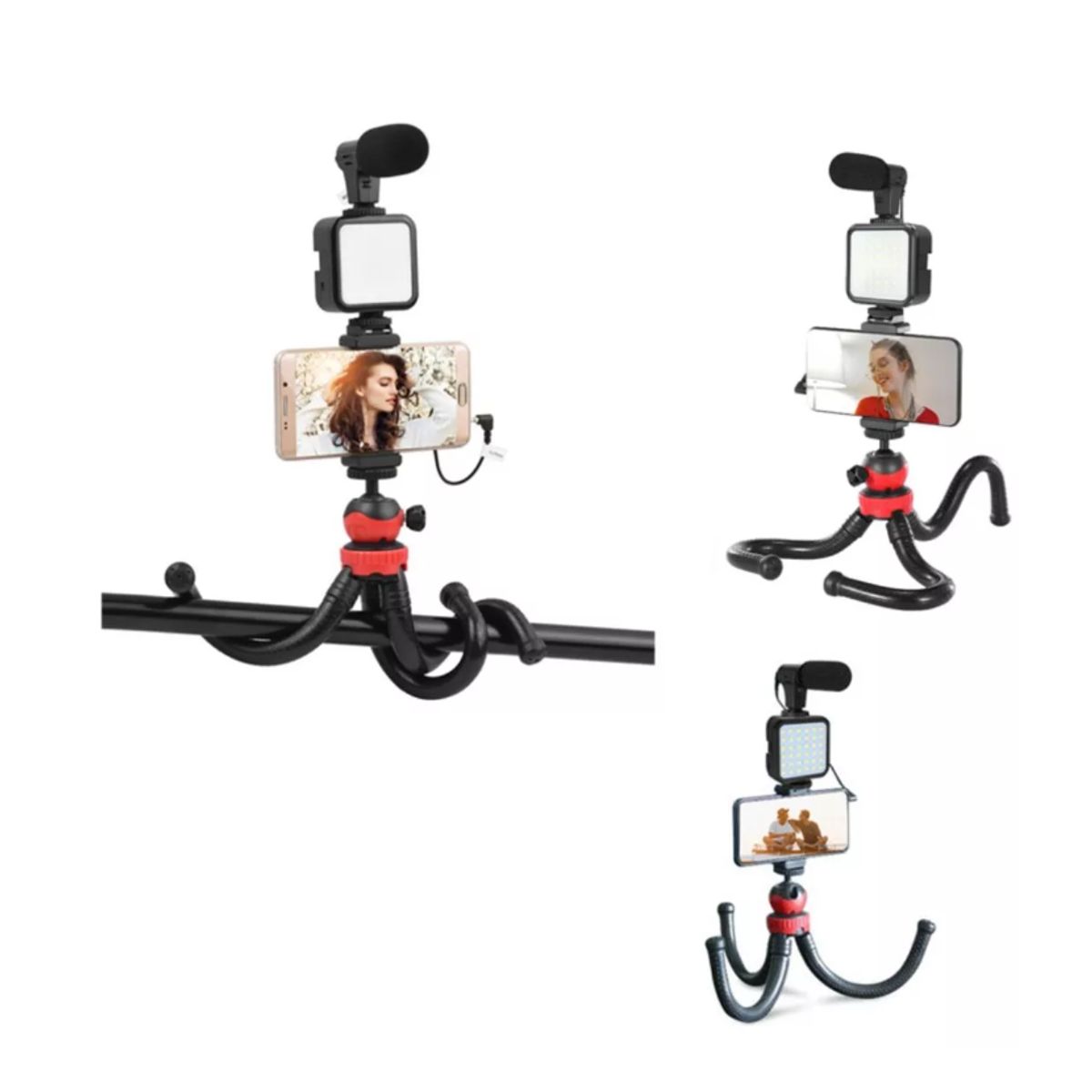 GENERICO - Kit Streaming Smartphone Trípode Flexible Luz Micrófono