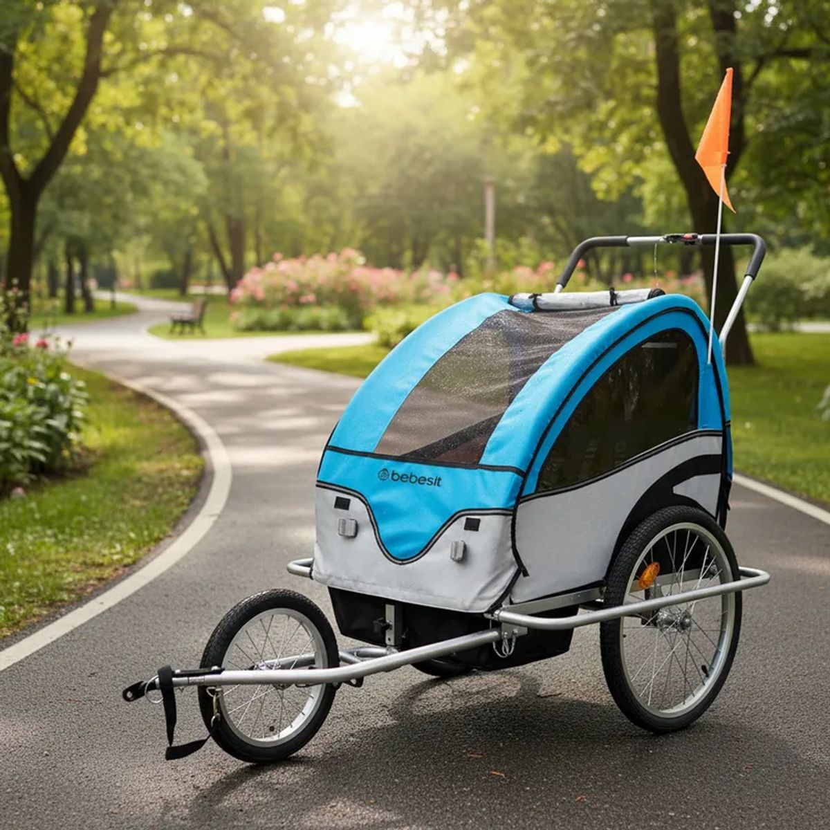 BEBESIT - Carro arrastre trailer para bicicletas 2 niños BeRide Azul