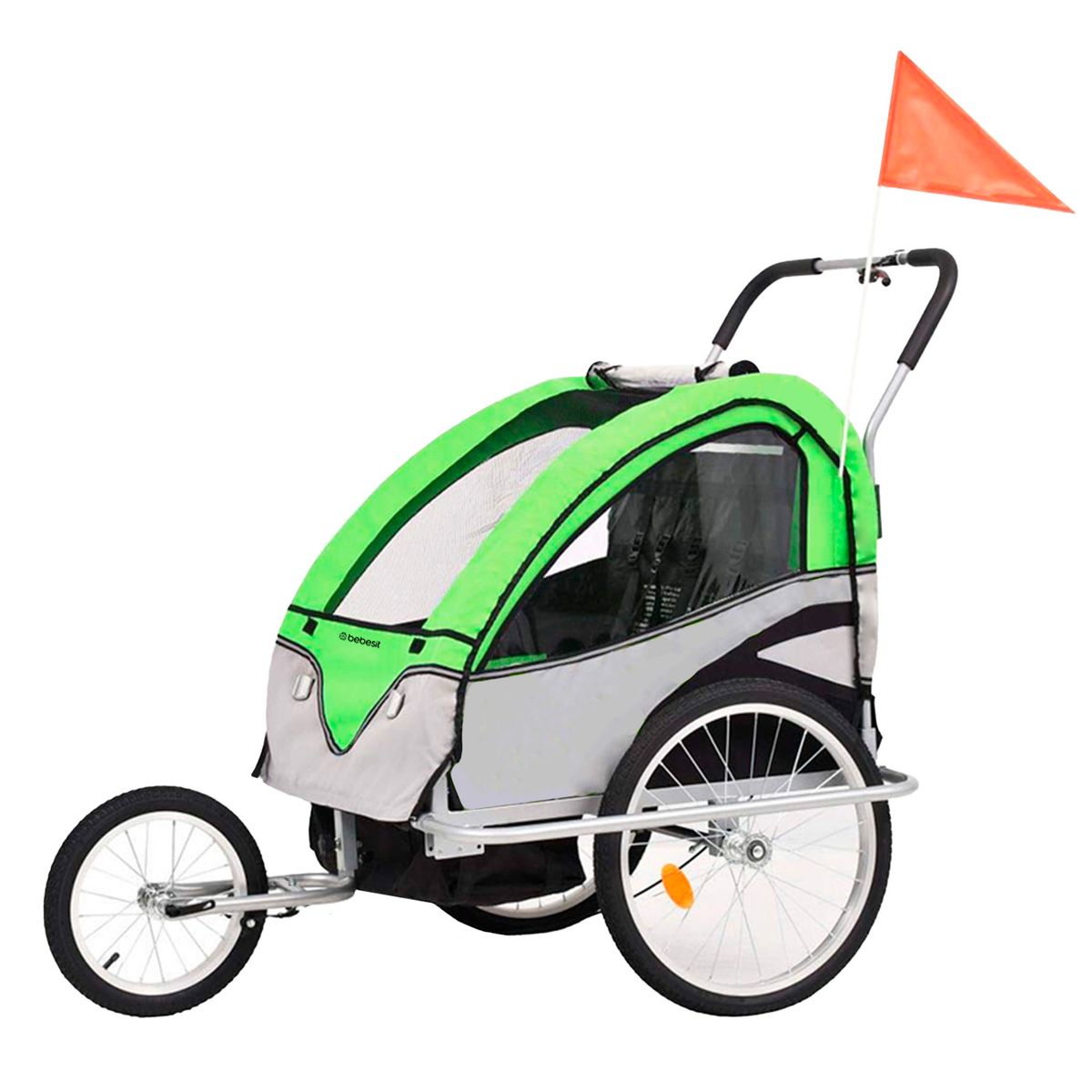 BEBESIT - Carro arrastre trailer para bicicletas 2 niños BeRide Verde