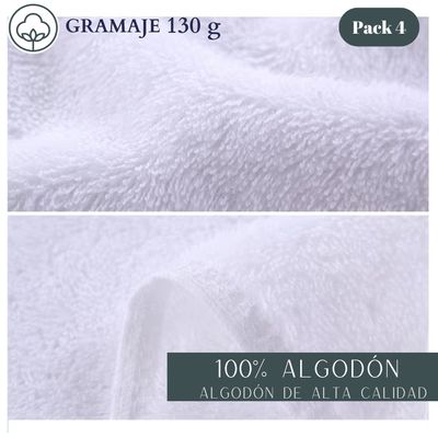Imagen 2 del producto Pack De 4 Toallas Blancas Algodón 75x35 cm Baño Hotel 130 grs