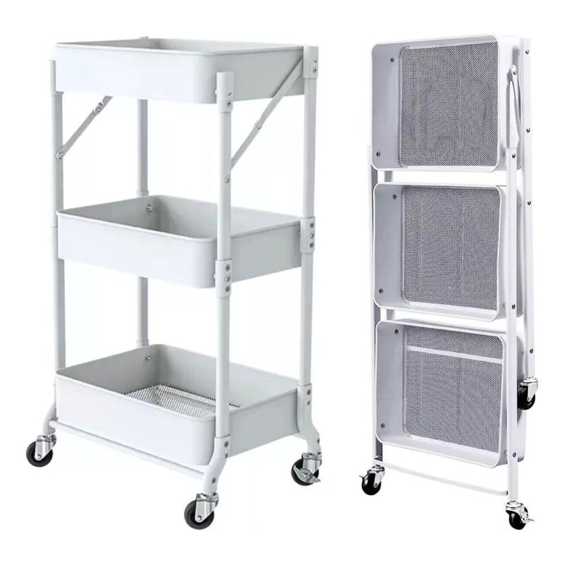 GENERICO - Carrito Plegable Multiuso con Ruedas y 3 Niveles de Almacenamiento