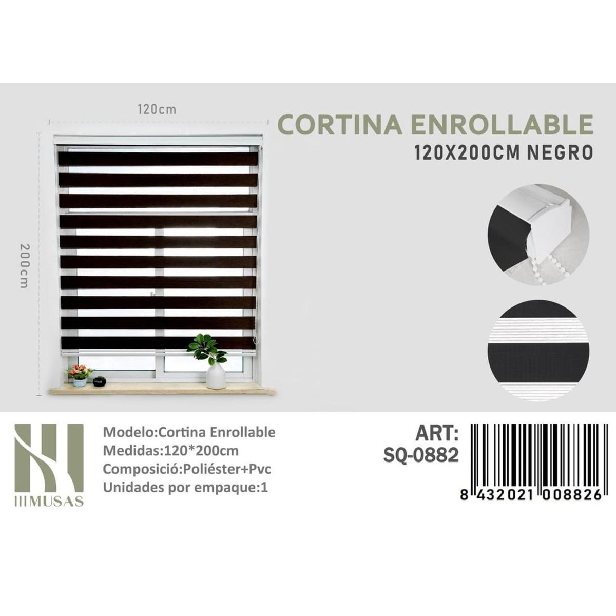 ANGELES DEL HOGAR - CORTINA ROLLER DUO 120 CM X 200 CM NEGRO