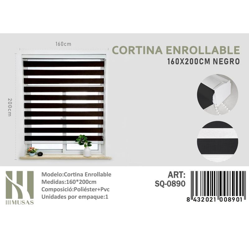 ANGELES DEL HOGAR - CORTINA ROLLER DUO 160 CM X 200 CM NEGRO