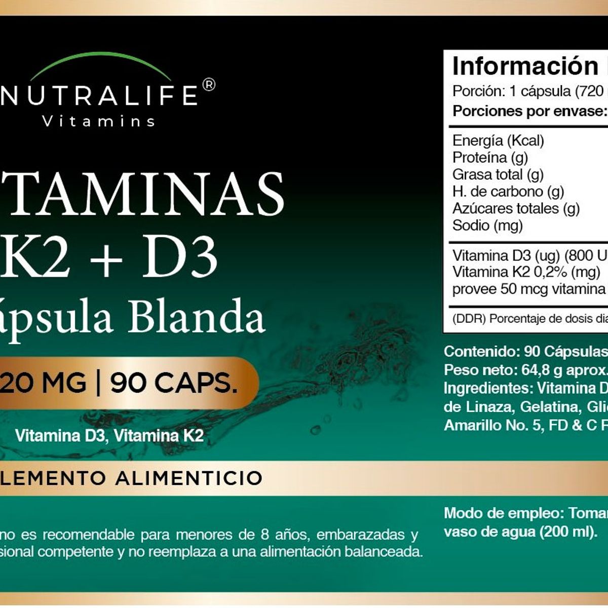 NUTRALIFE - Vitaminas K2 + D3 Lf 270 Capsulas Blandas 3x90 Caps