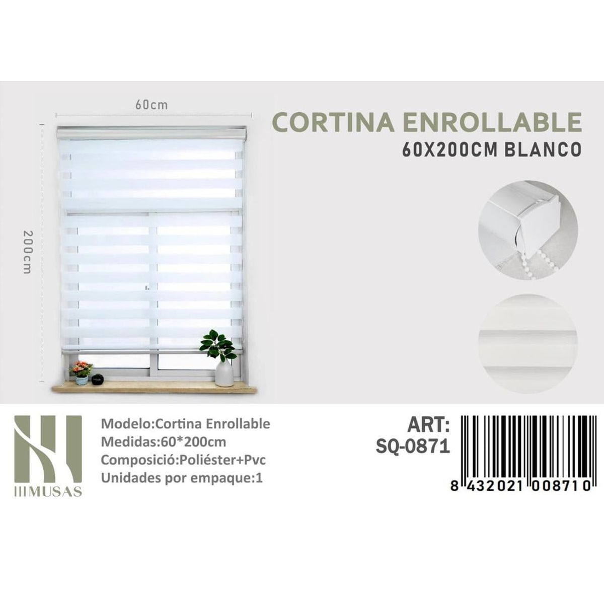 ANGELES DEL HOGAR - CORTINA ROLLER DUO 60 CM X 200 CM BLANCO