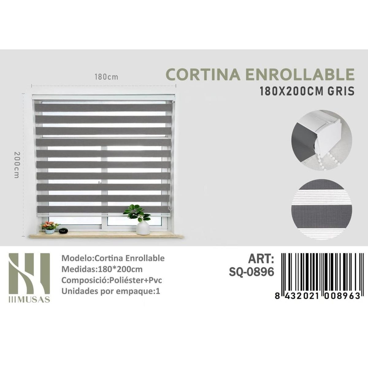 ANGELES DEL HOGAR - CORTINA ROLLER DUO 180 CM X 200 CM GRIS