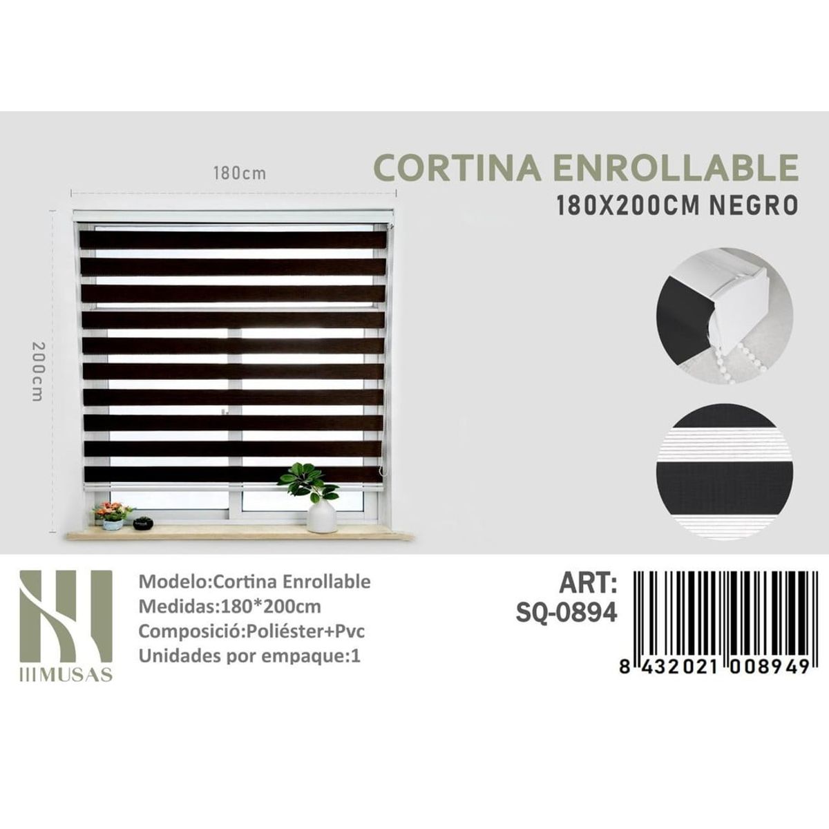 ANGELES DEL HOGAR - CORTINA ROLLER DUO 180 CM X 200 CM NEGRO