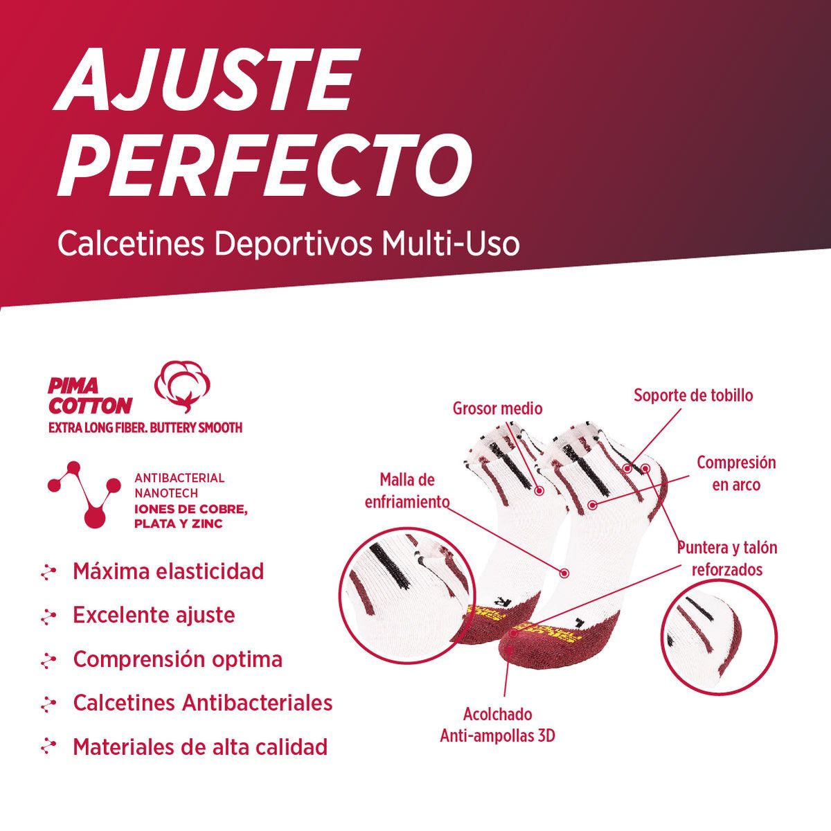 SILVERA NANOTECH - Calcetines deportivos algodon peruano mujer y hombre gym voley running