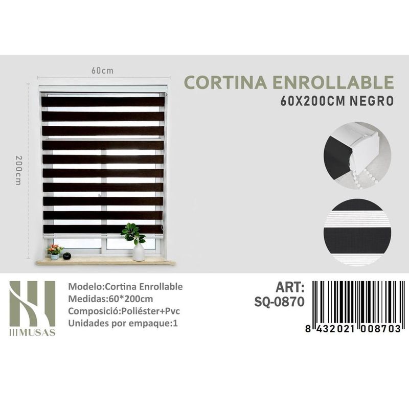 ANGELES DEL HOGAR - CORTINA ROLLER DUO 60 CM X 200 CM NEGRO