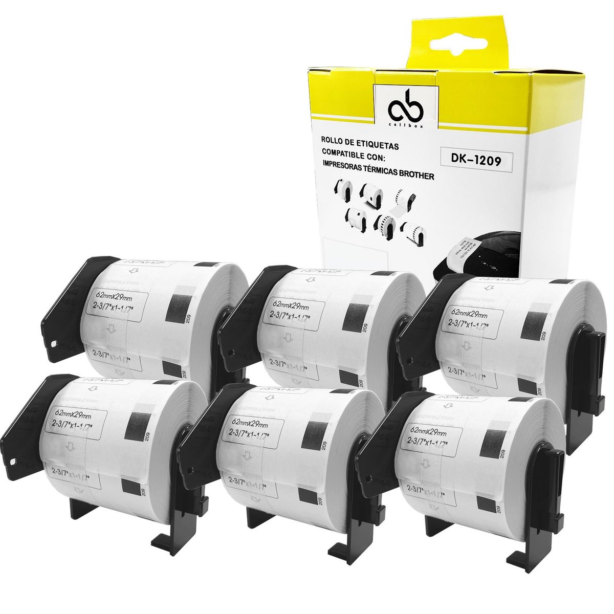 CELLBOX - Pack de 6 Rollos + Soporte Etiqueta DK 1209 - 29mm x 62mm