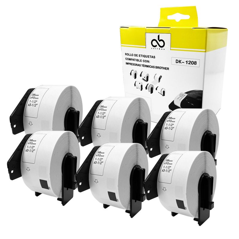 CELLBOX - Pack de 6 Rollos + Soporte Etiqueta DK 1208 - 38mm x 90mm