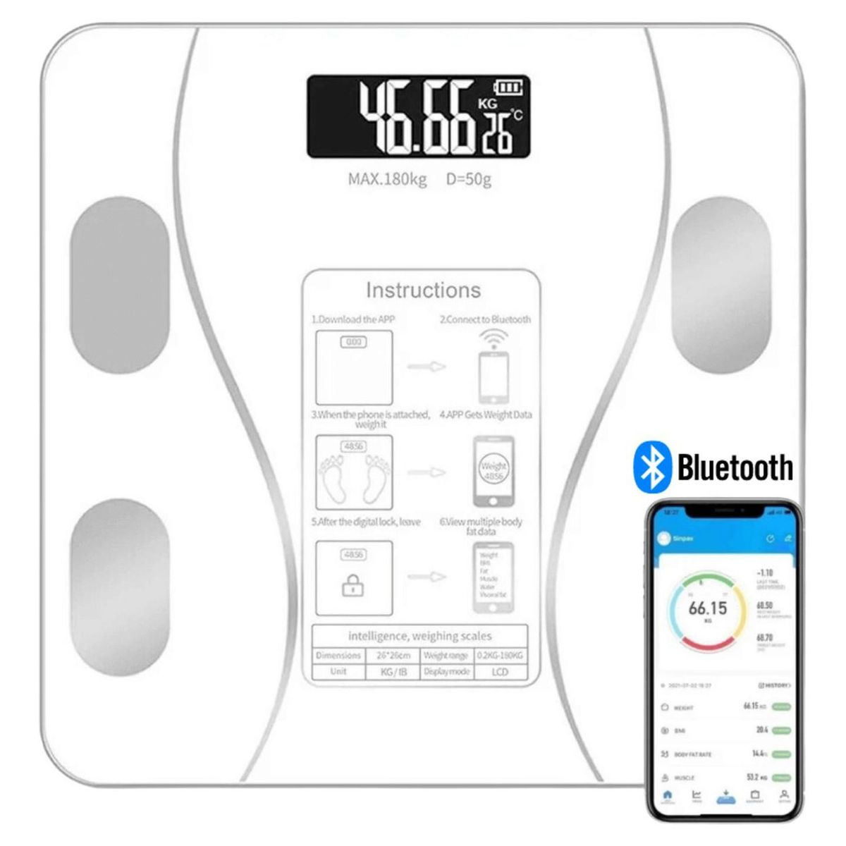 IMPORTCLICK - Pesa Balanza Electrónica Bluetooth 27 CM Blanco - Blanco