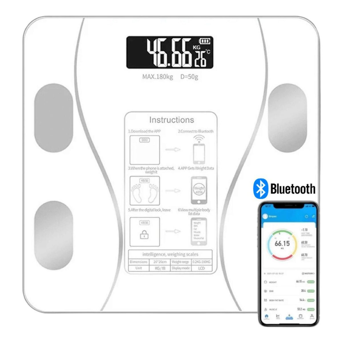 IMPORTCLICK - Pesa Balanza Electrónica Bluetooth 27 CM Blanco - Blanco