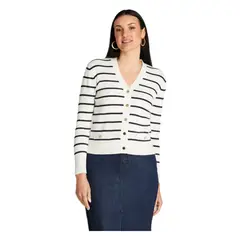 LORENZO DI PONTTI - Cardigan Tejido Manga Larga Rayado Con Botones Dorados Crudo