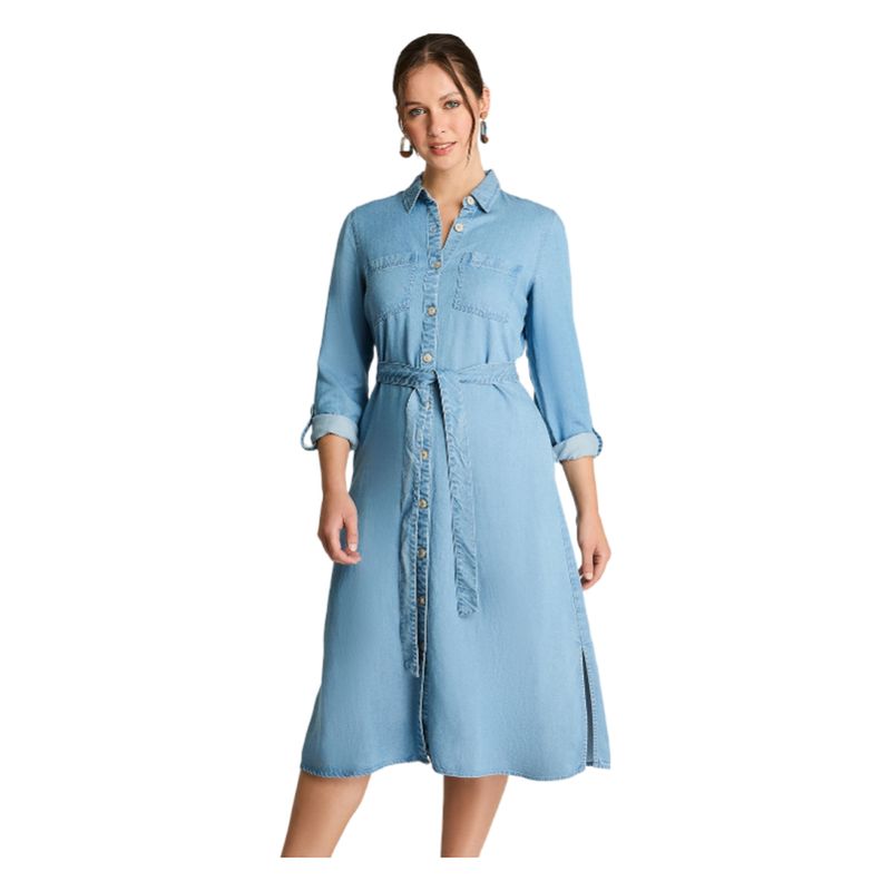 CURVI - Vestido Manga Larga Lyocell Camisero Celeste